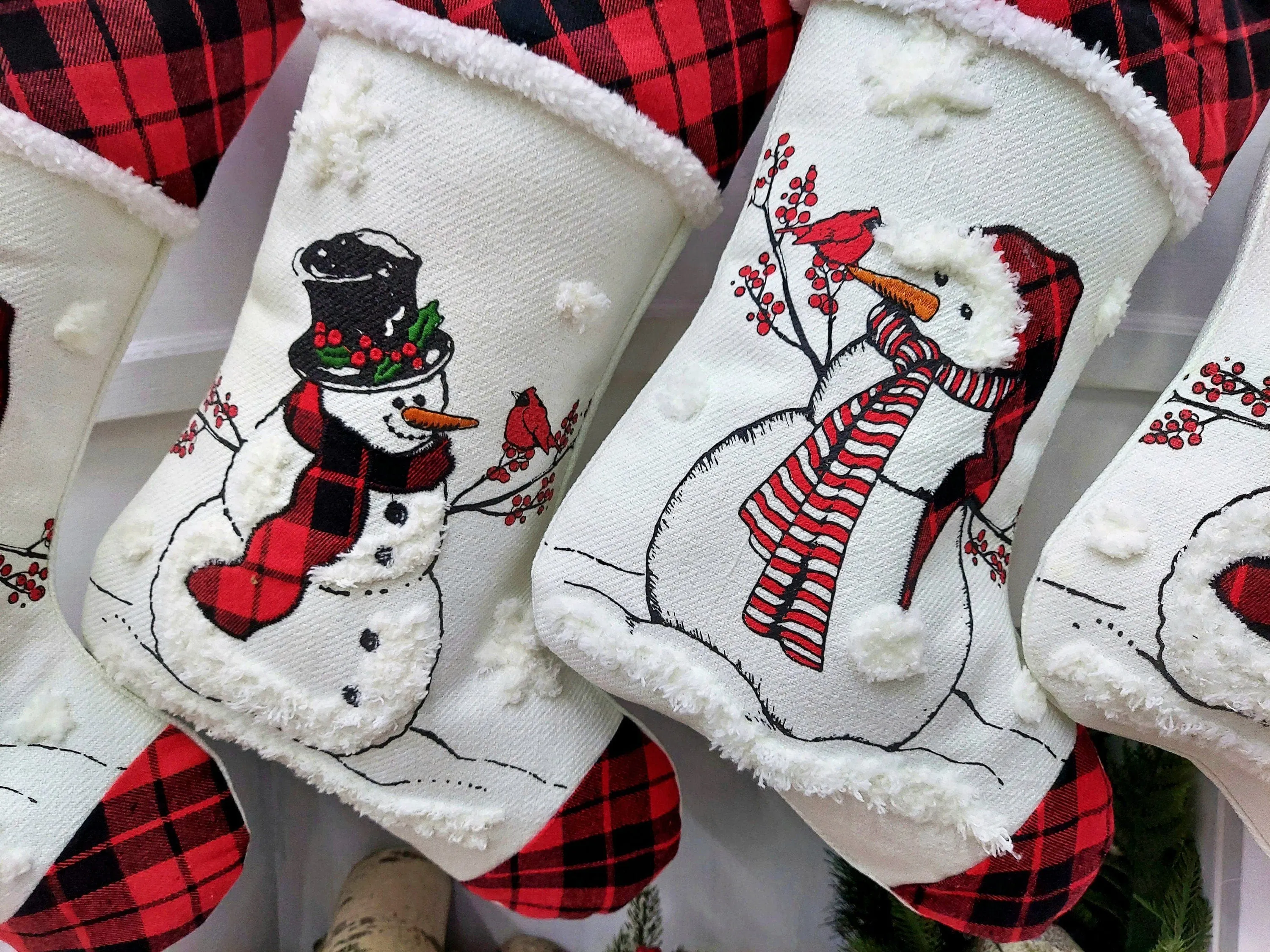 20" Winter Snowman Christmas Stocking with Custom Name Personalized Embroidered Tag Cardinal Santa Buffalo Check plaid red black