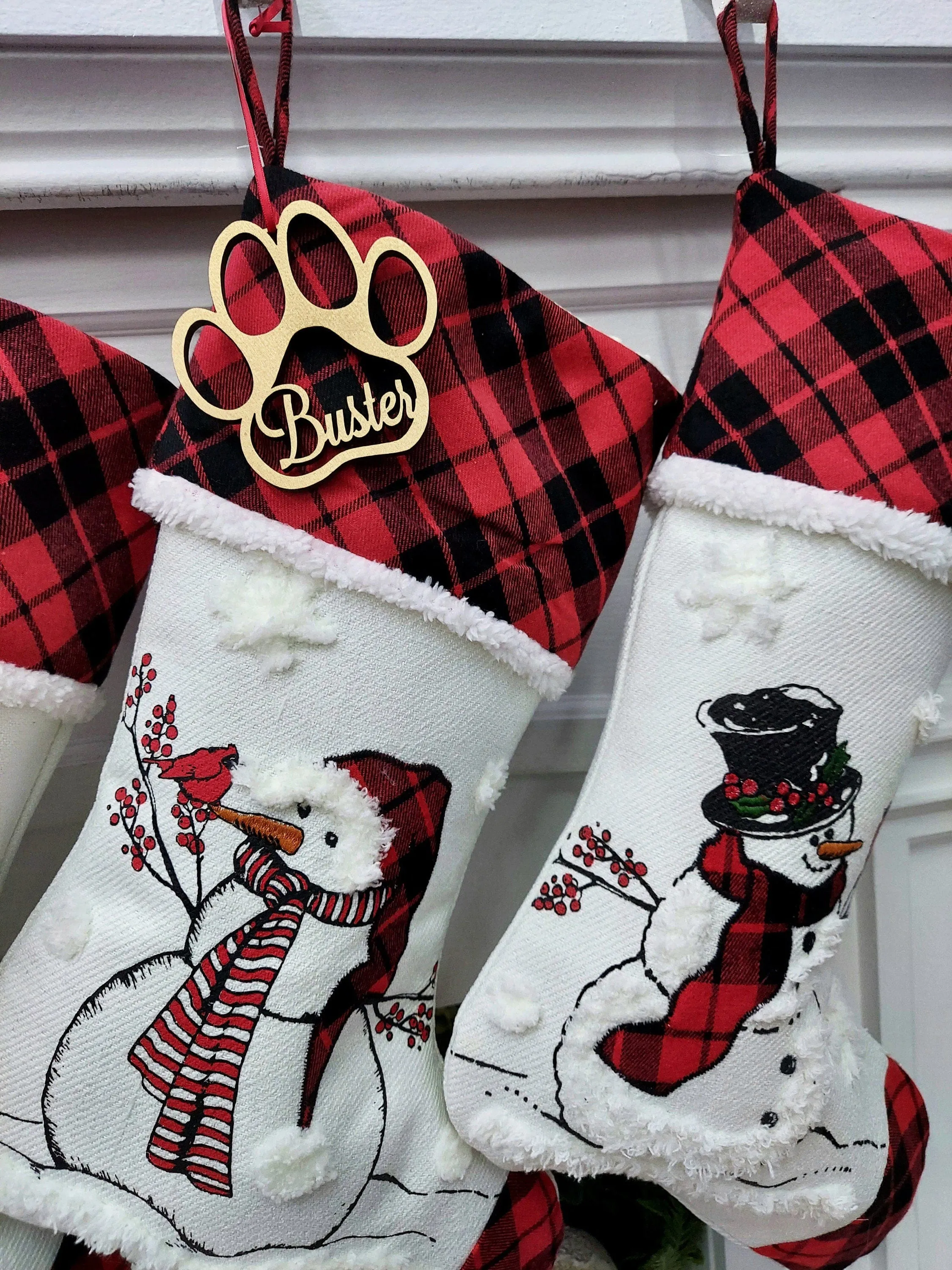 20" Winter Snowman Christmas Stocking with Custom Name Personalized Embroidered Tag Cardinal Santa Buffalo Check plaid red black