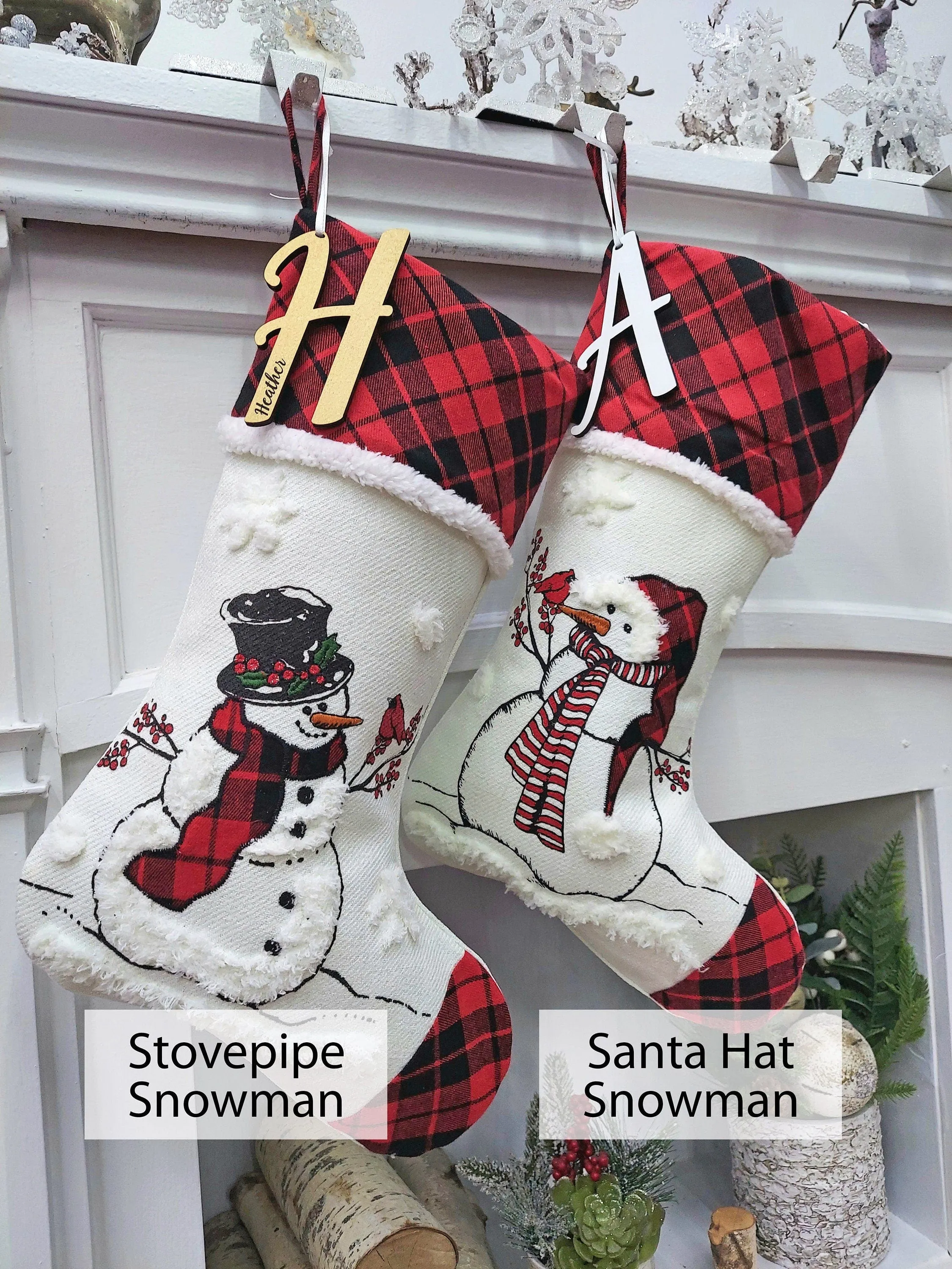 20" Winter Snowman Christmas Stocking with Custom Name Personalized Embroidered Tag Cardinal Santa Buffalo Check plaid red black