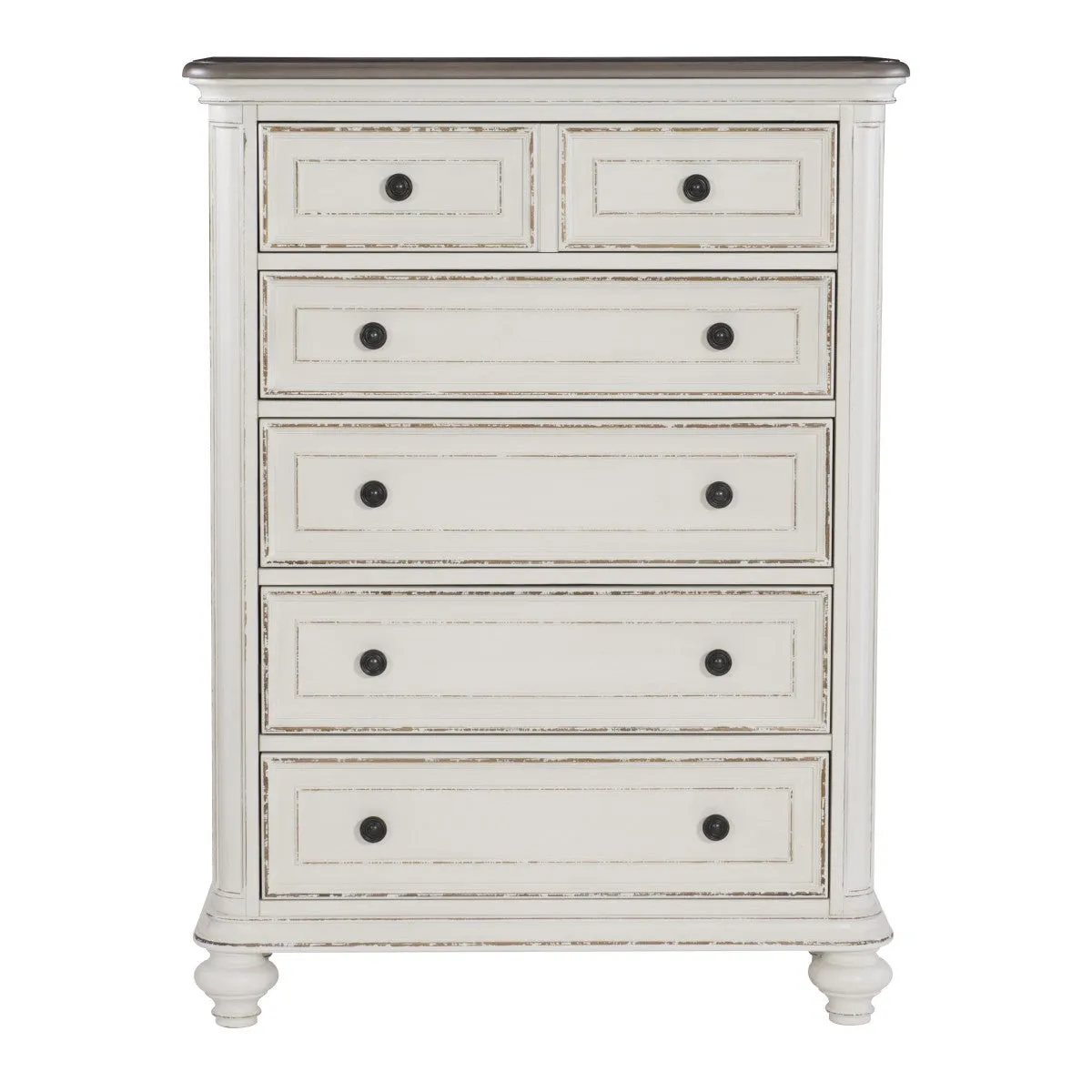 5-Drawer Oak Veneer Chest, Antique White & Brown-Gray Finish