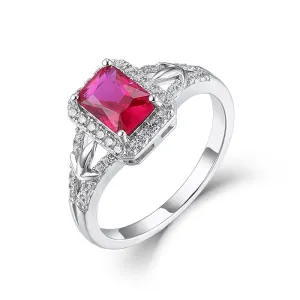 7*5mm Rectangle Red Corundum Soleste Halo Silver Ring for Women