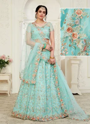 Aqua Blue Floral Embroidered Stunning Lehenga Choli