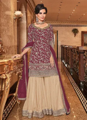 Attractive Maroon Floral Embroidered Straight Cut Sharara Suit