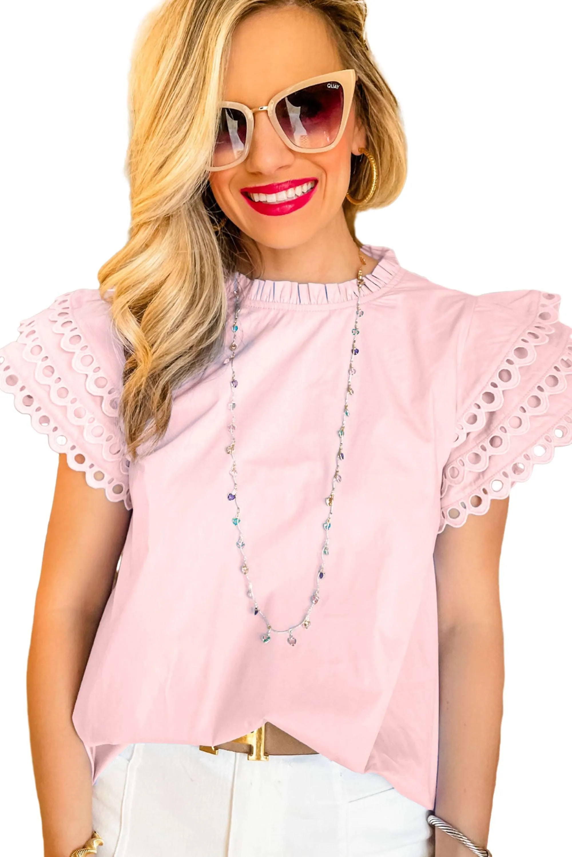 Beau Blue Layered Cap Sleeve Frill Neck Blouse