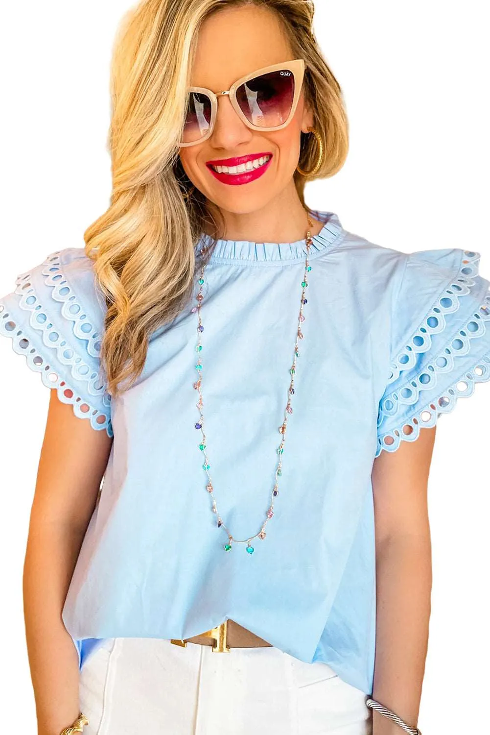 Beau Blue Layered Cap Sleeve Frill Neck Blouse