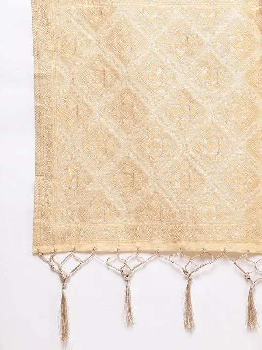 Beige Ethnic Motifs Zari Linen Blend Banarasi Saree