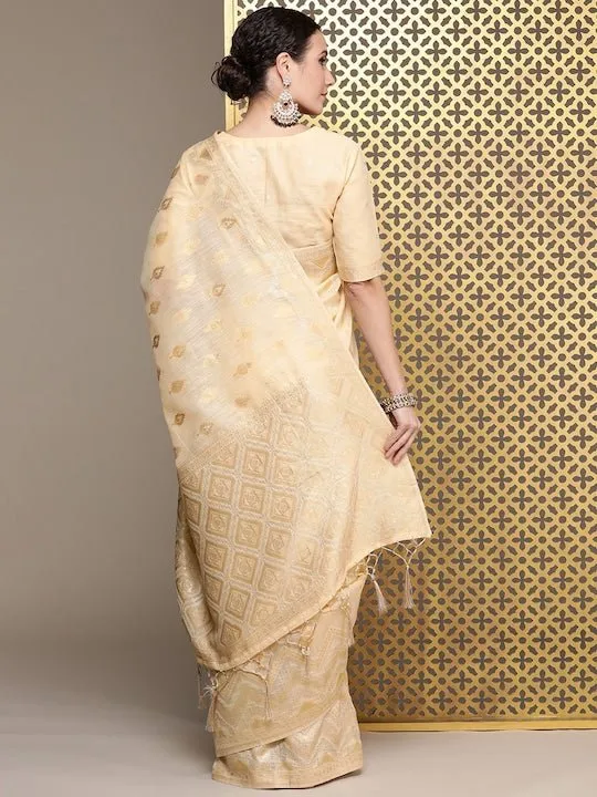 Beige Ethnic Motifs Zari Linen Blend Banarasi Saree