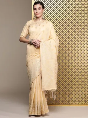 Beige Ethnic Motifs Zari Linen Blend Banarasi Saree