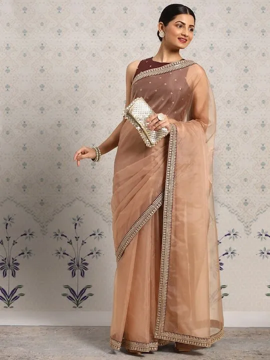 Beige Zari Organza Saree