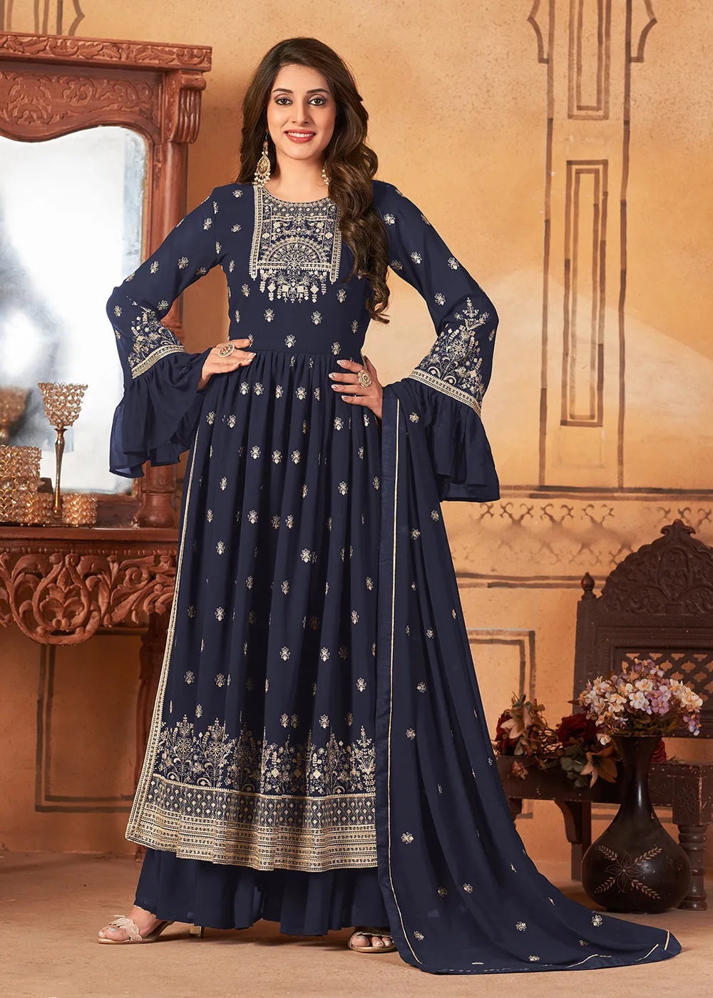 Bell Sleeved Dazzling Blue Wedding Function Palazzo Suit