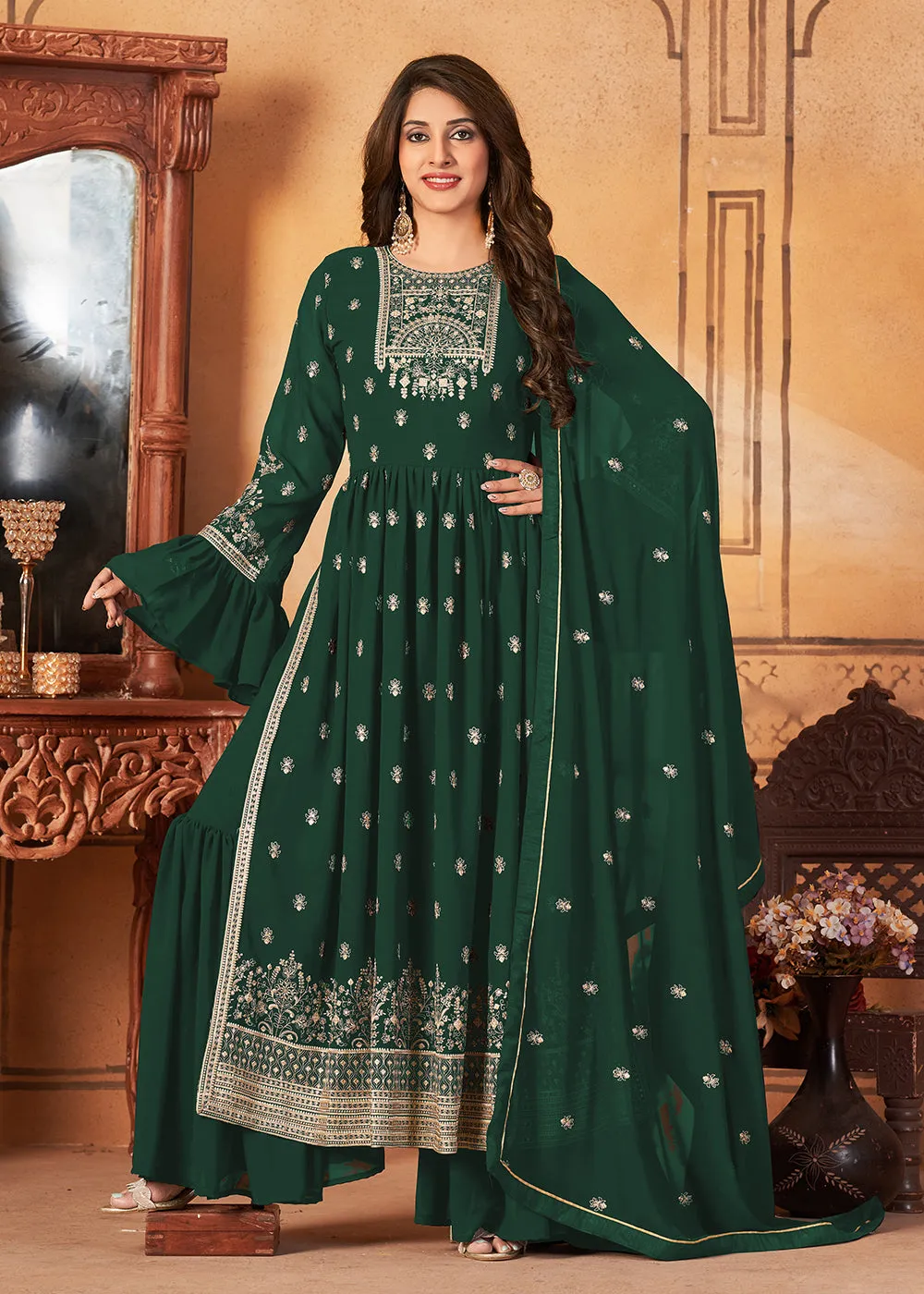 Bell Sleeved Glittering Green Wedding Function Palazzo Suit