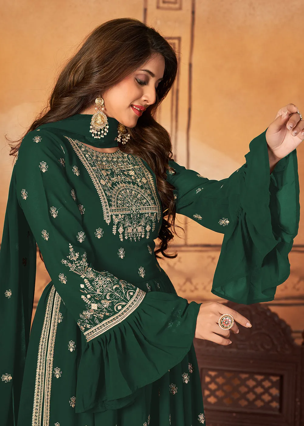 Bell Sleeved Glittering Green Wedding Function Palazzo Suit