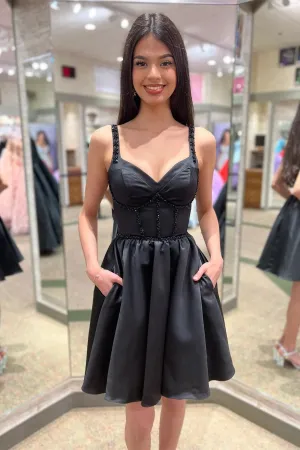 Black Short Satin Juniors Homecoming Dress with Pockets