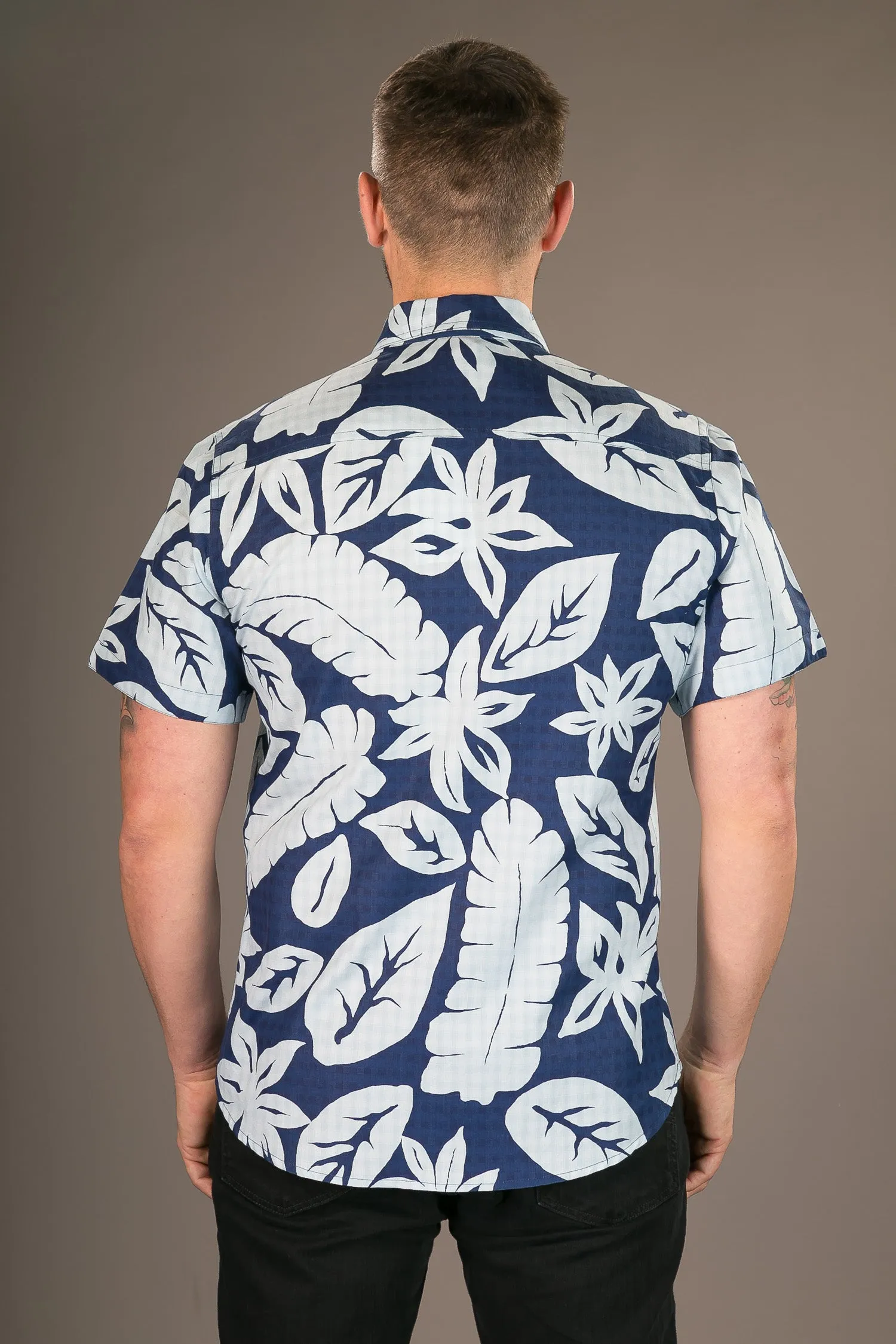 Blue Floral Large Aloha Print Cotton Slim Fit Mens Shirt Short Sleeve