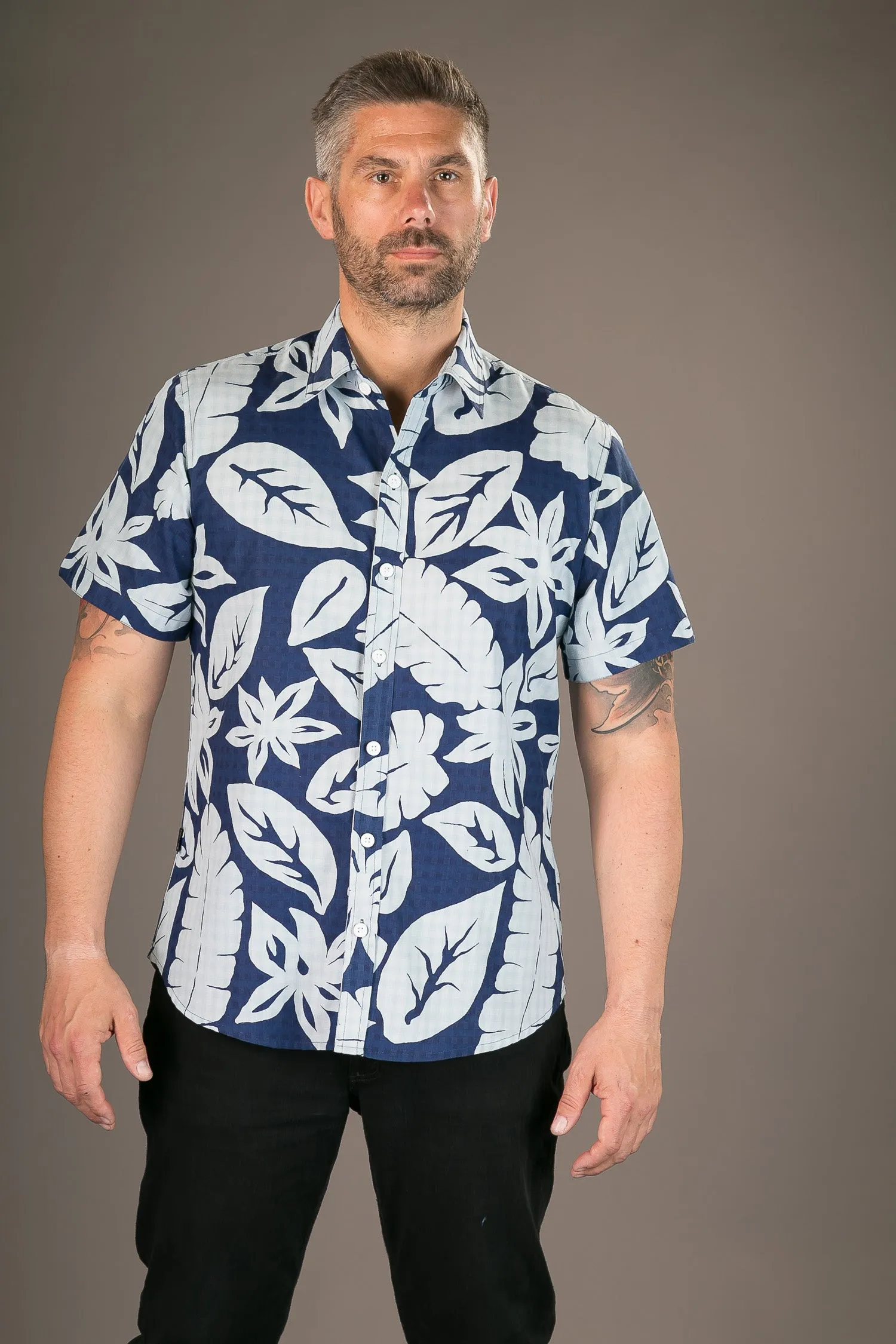 Blue Floral Large Aloha Print Cotton Slim Fit Mens Shirt Short Sleeve