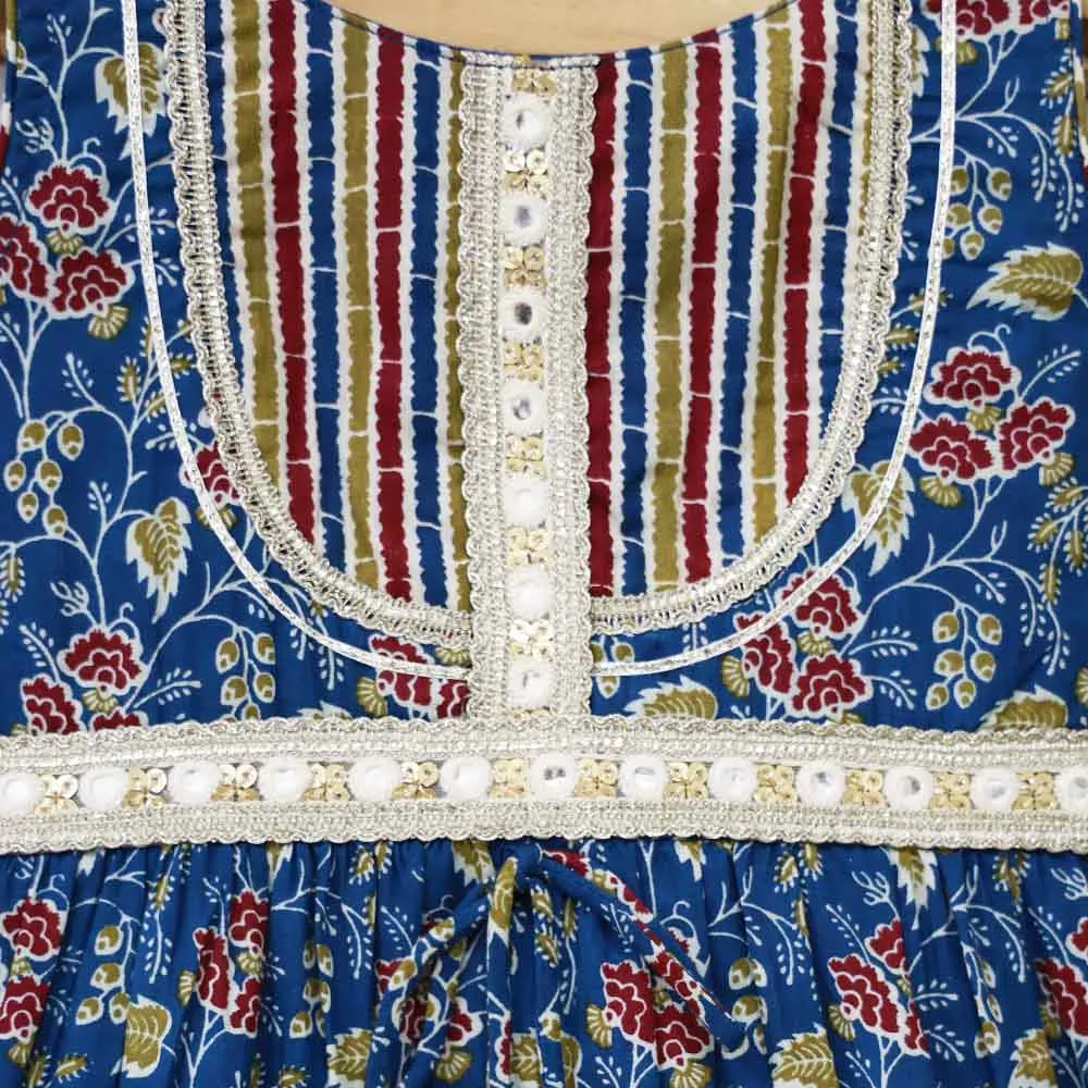 Blue Floral Printed Cotton Kurta With Sharara & Dupatta