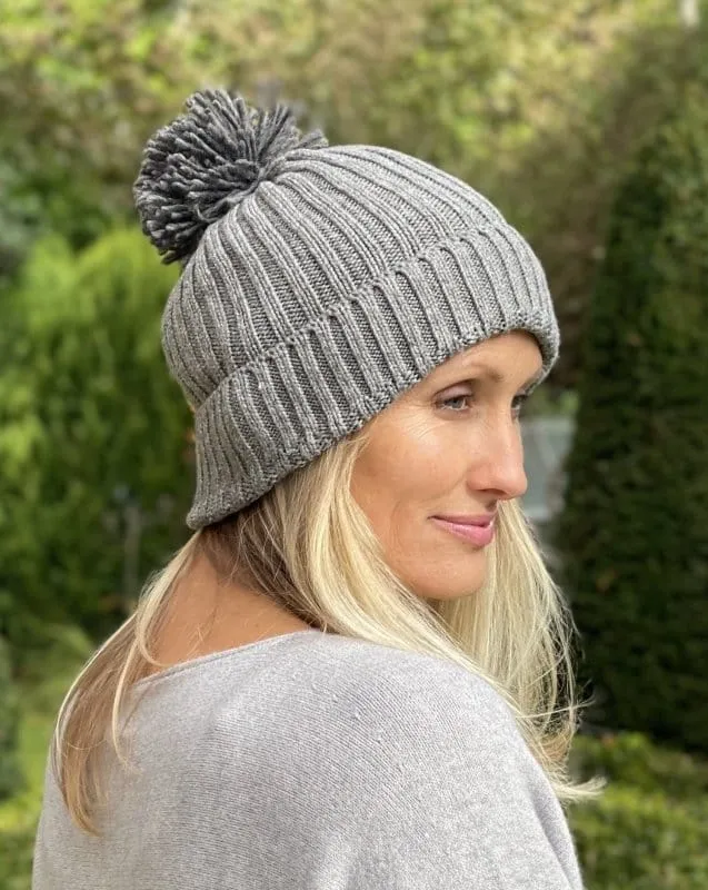 Cashmere Knit Pom Pom Hat - Grey