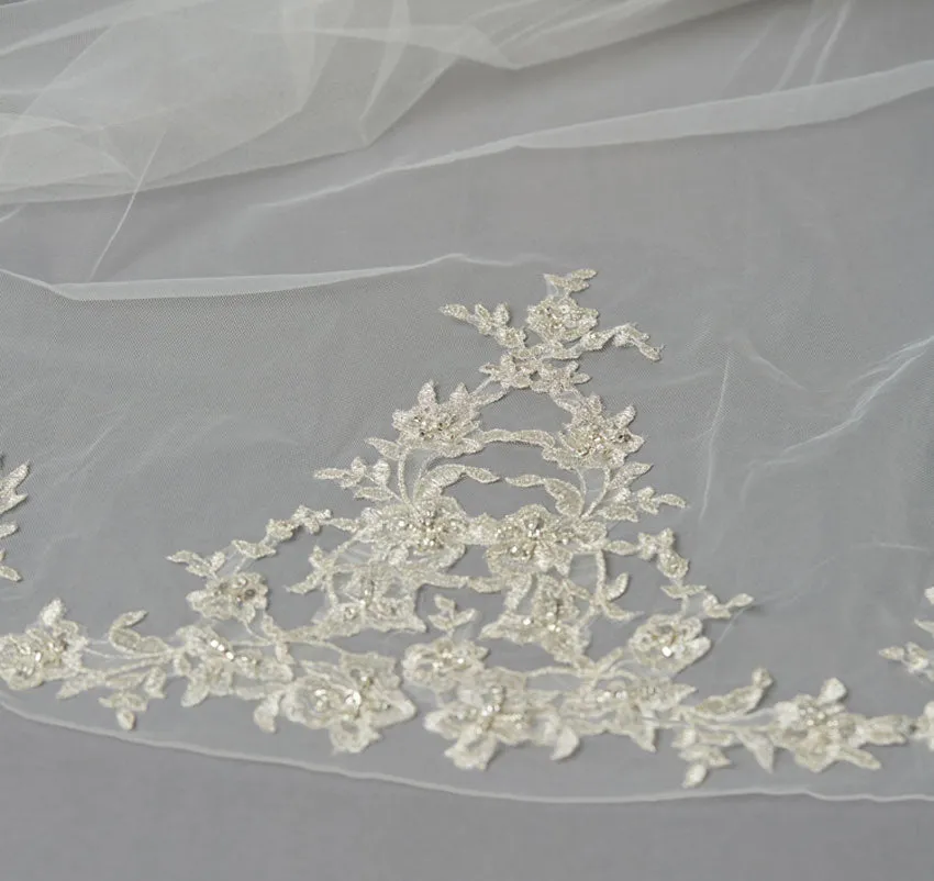 Cathedral Bridal Veil with Silver Embroidered Ivory Lace