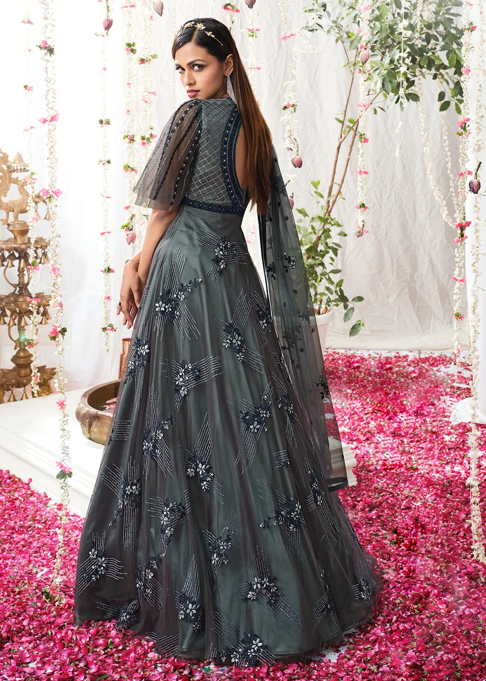 Charcoal Grey Wedding Festive Floor Length Anarkali Suit