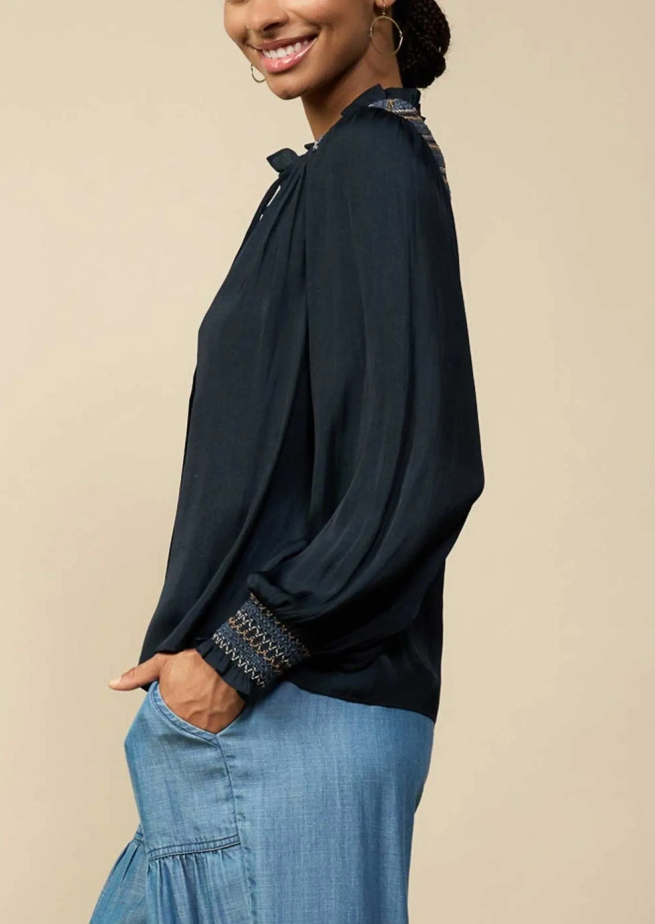 Contrast Yoke Navy Smocked Long Sleeve Blouse~FINAL SALE