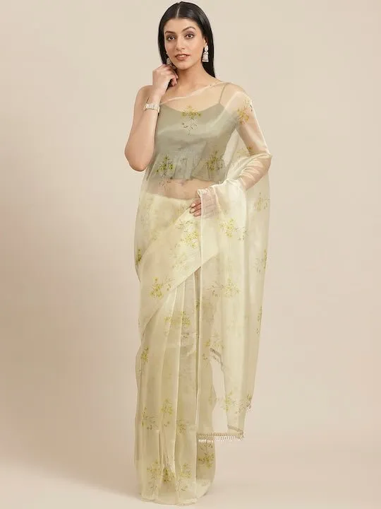 Cream-Coloured & Yellow Organza Floral Printed Saree