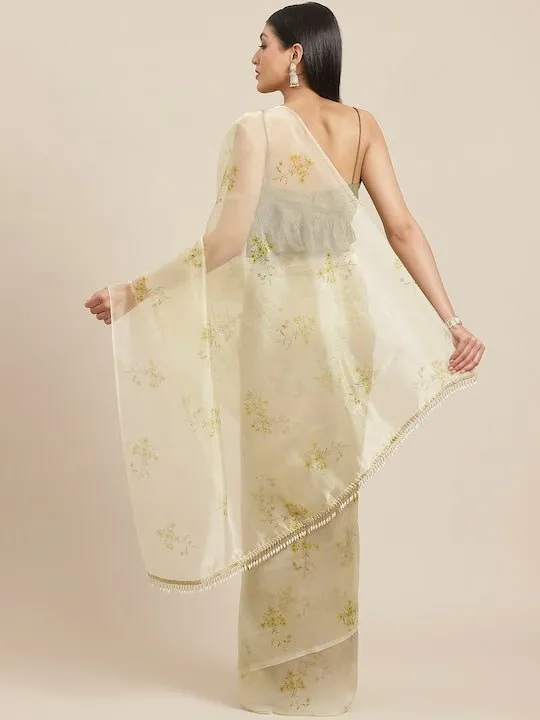 Cream-Coloured & Yellow Organza Floral Printed Saree