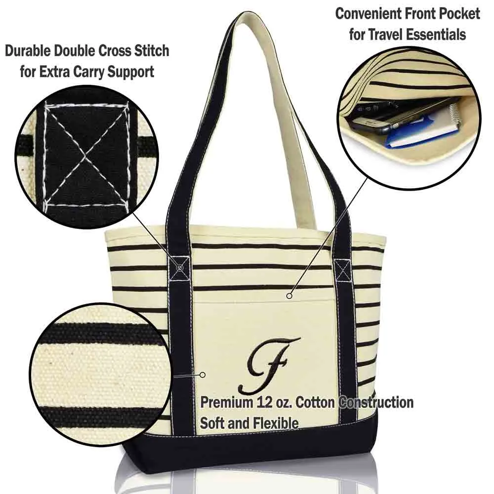 Dalix Striped F-Initial Tote Bag Womens Ballent Letter F