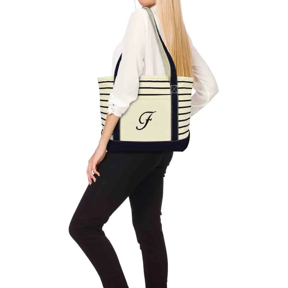 Dalix Striped F-Initial Tote Bag Womens Ballent Letter F