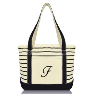 Dalix Striped F-Initial Tote Bag Womens Ballent Letter F