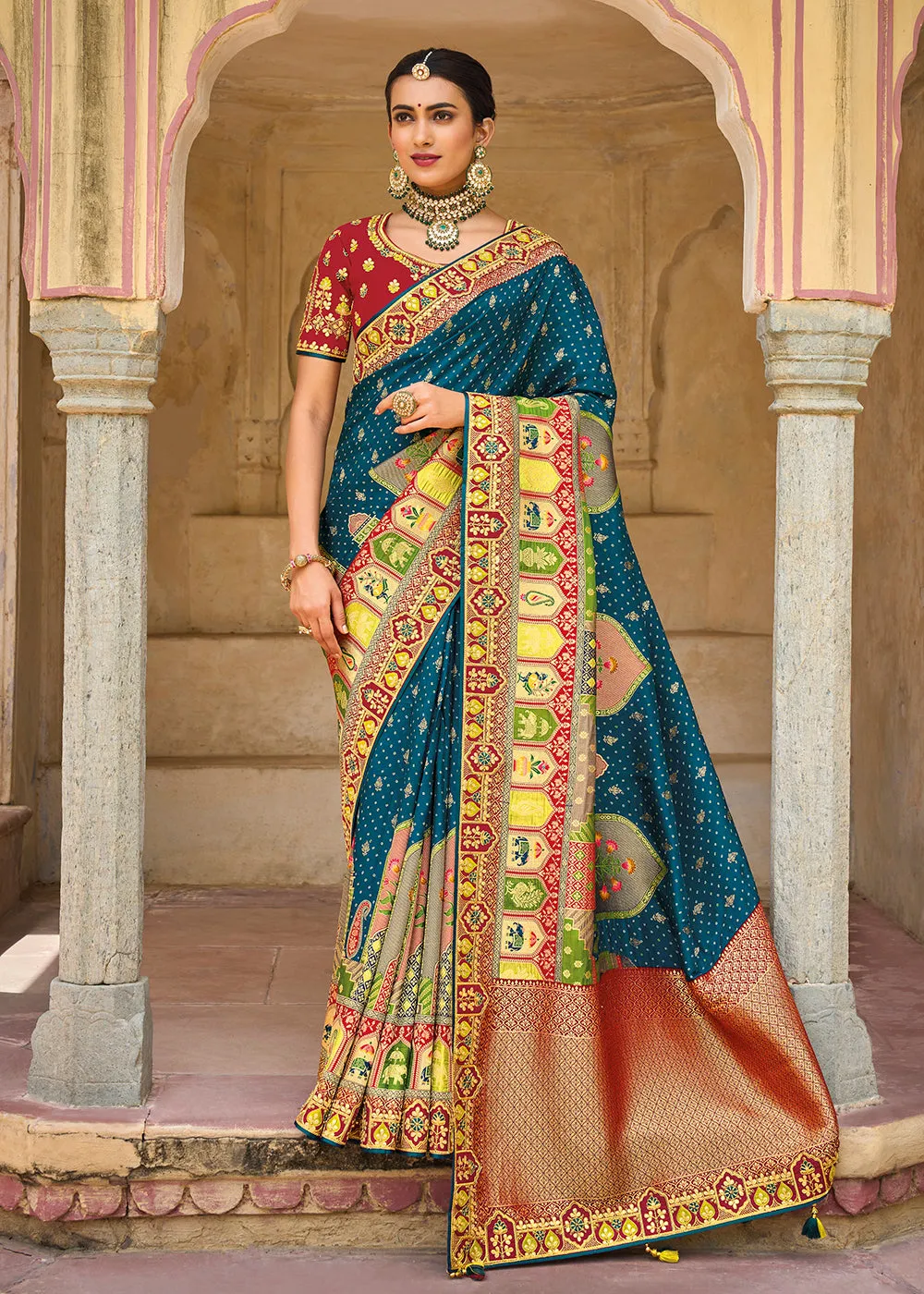 Designer Multicolor Blue & Red Silk Wedding Wear Saree