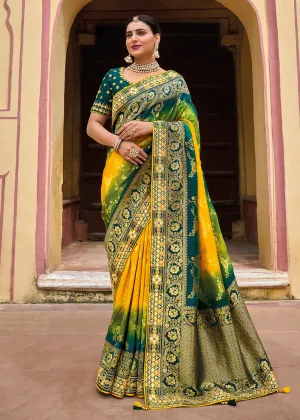 Designer Multicolor Yellow & Blue Silk Wedding Wear Saree