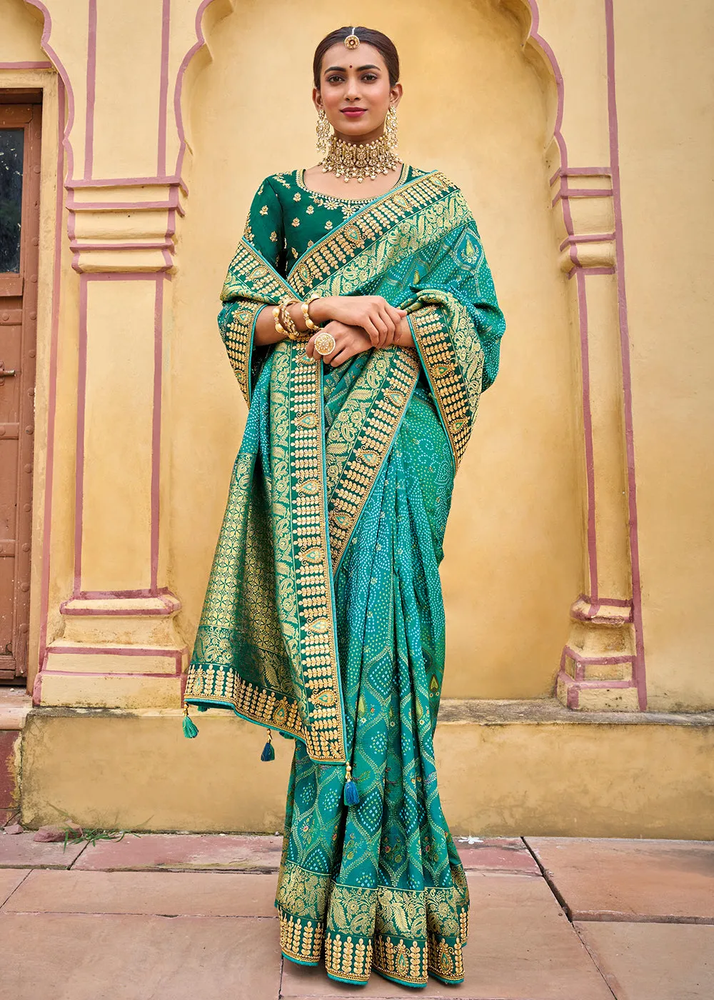 Designer Turquoise Blue Silk Wedding Wear Saree