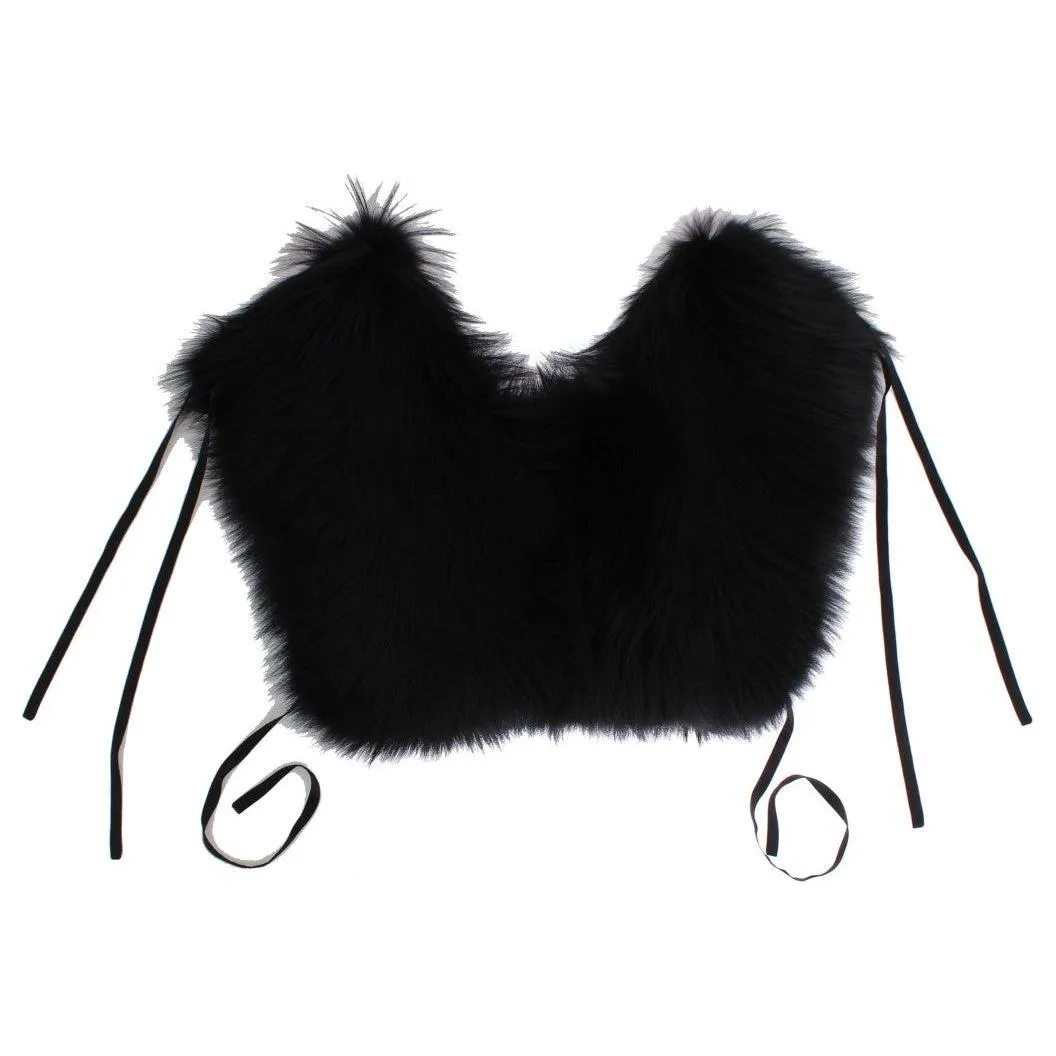 Dolce & Gabbana Elegant Black Fox Fur Silk Shoulder Wrap