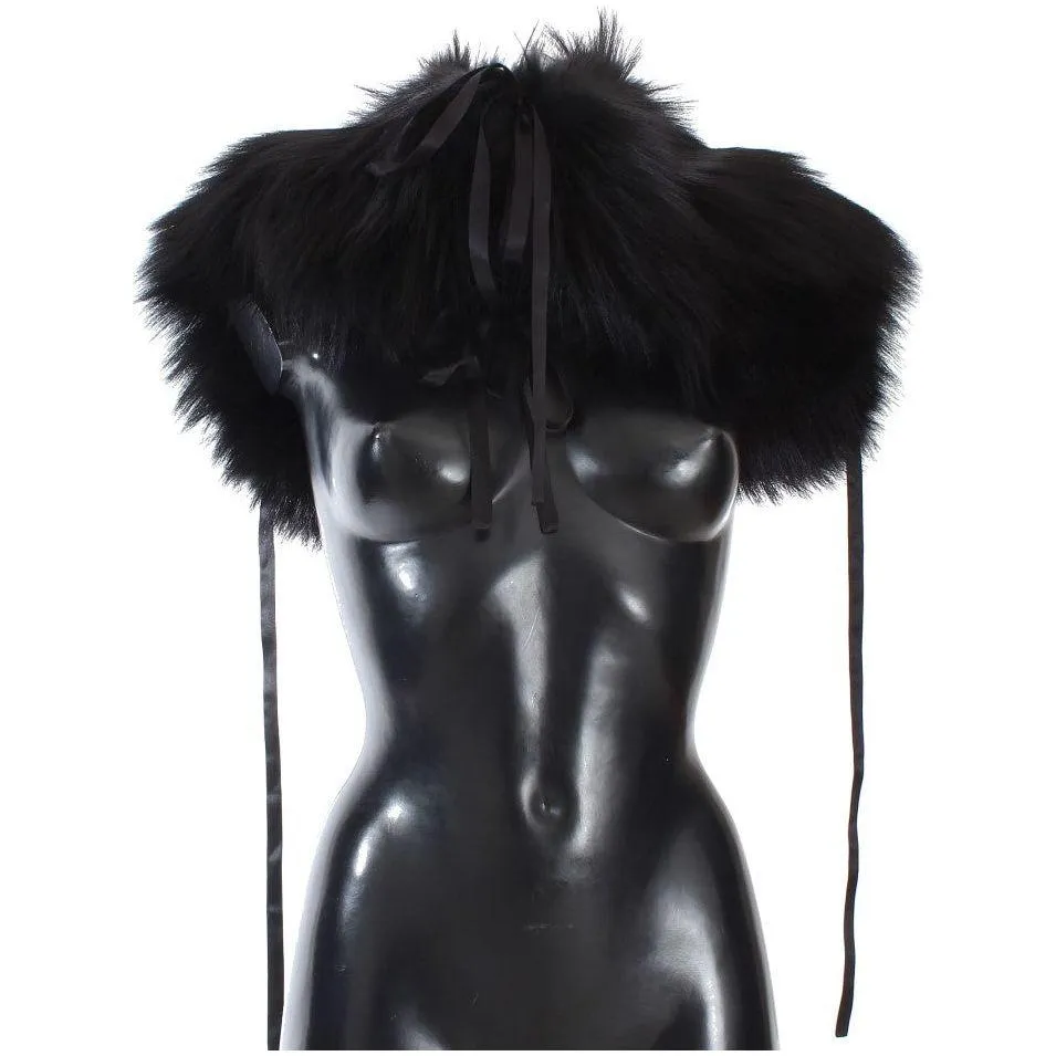 Dolce & Gabbana Elegant Black Fox Fur Silk Shoulder Wrap