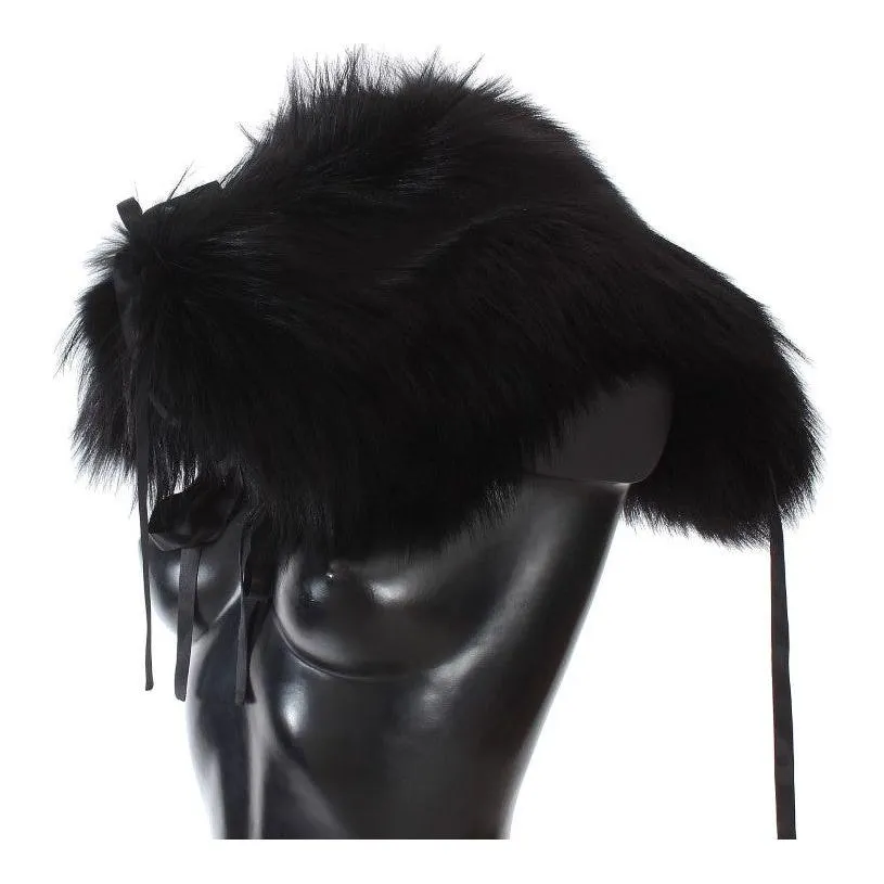 Dolce & Gabbana Elegant Black Fox Fur Silk Shoulder Wrap