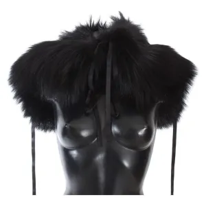 Dolce & Gabbana Elegant Black Fox Fur Silk Shoulder Wrap