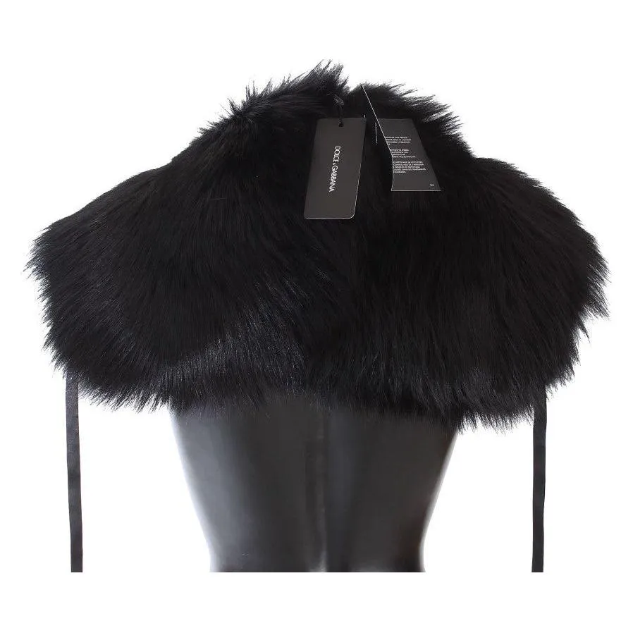 Dolce & Gabbana Elegant Black Fox Fur Silk Shoulder Wrap