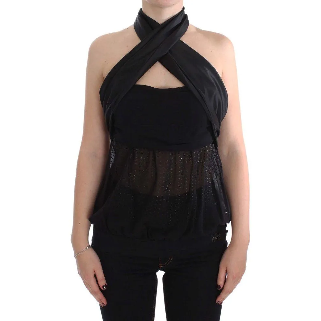 Exte Elegant Black Evening Wrap Top Blouse