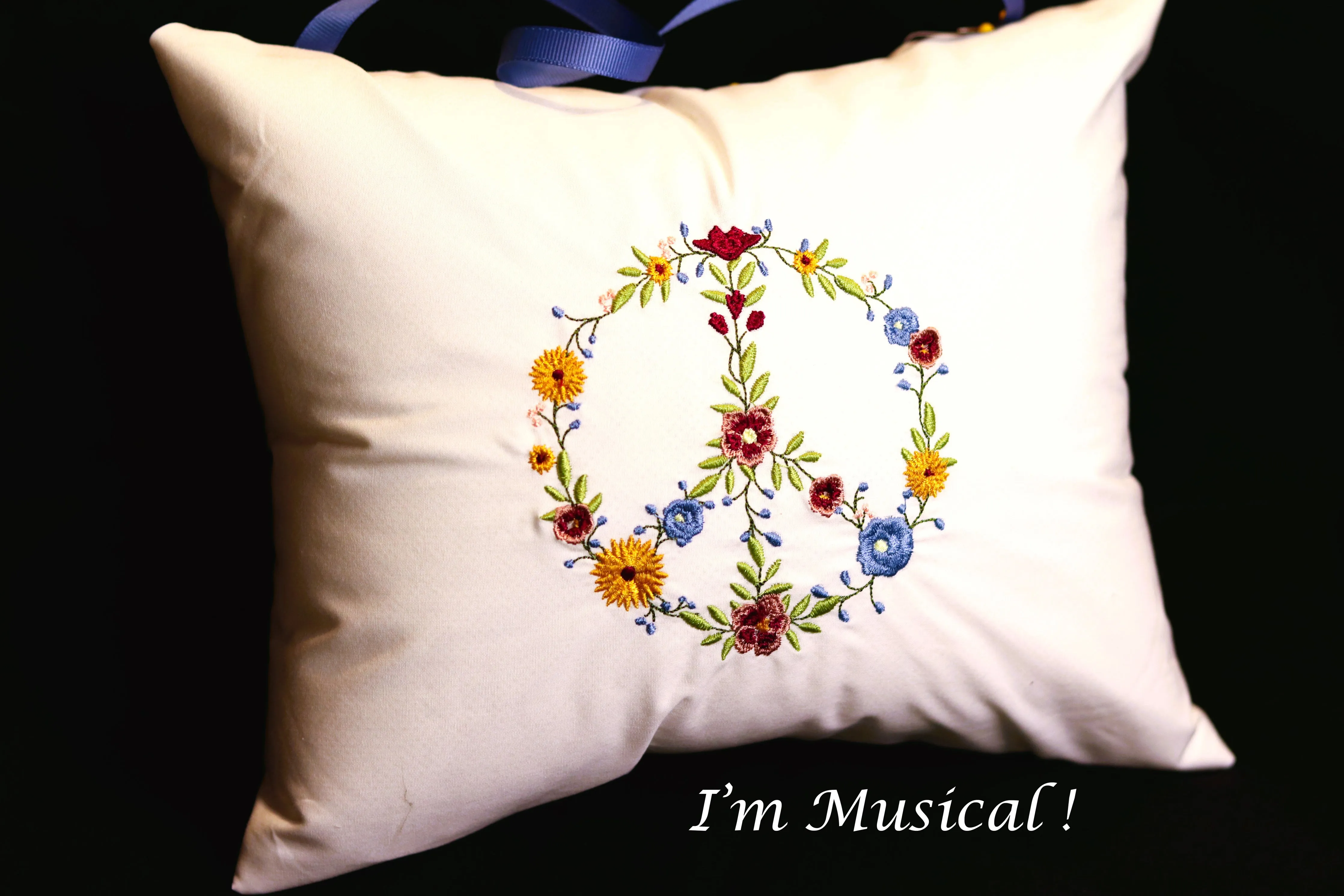 Floral Peace Sign Music Box Pillow -- Personalized Embroidered MUSICAL Keepsake