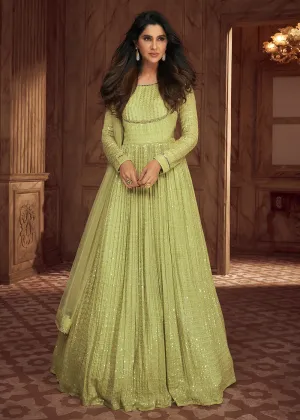 Green Heavy Georgette Embroidered Wedding Party Anarkali Gown