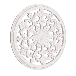 Hand-Carved Floral Latticework Circle Wood Wall Medallion - White (16")