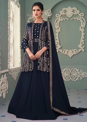 Jacket Style Navy Blue Embroidered Wedding Anarkali