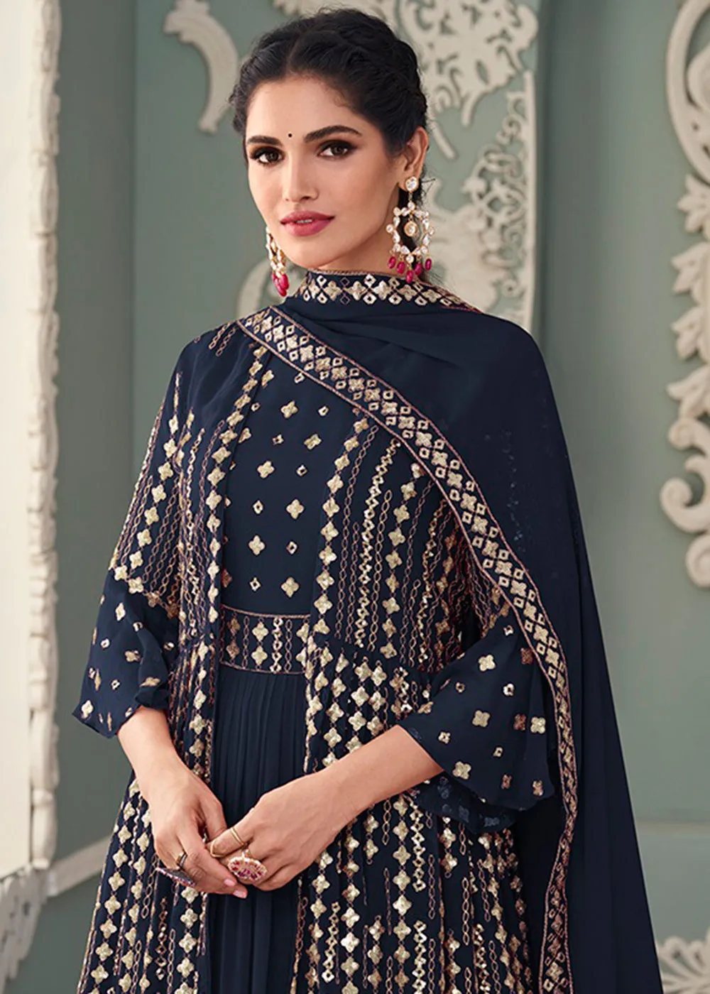 Jacket Style Navy Blue Embroidered Wedding Anarkali