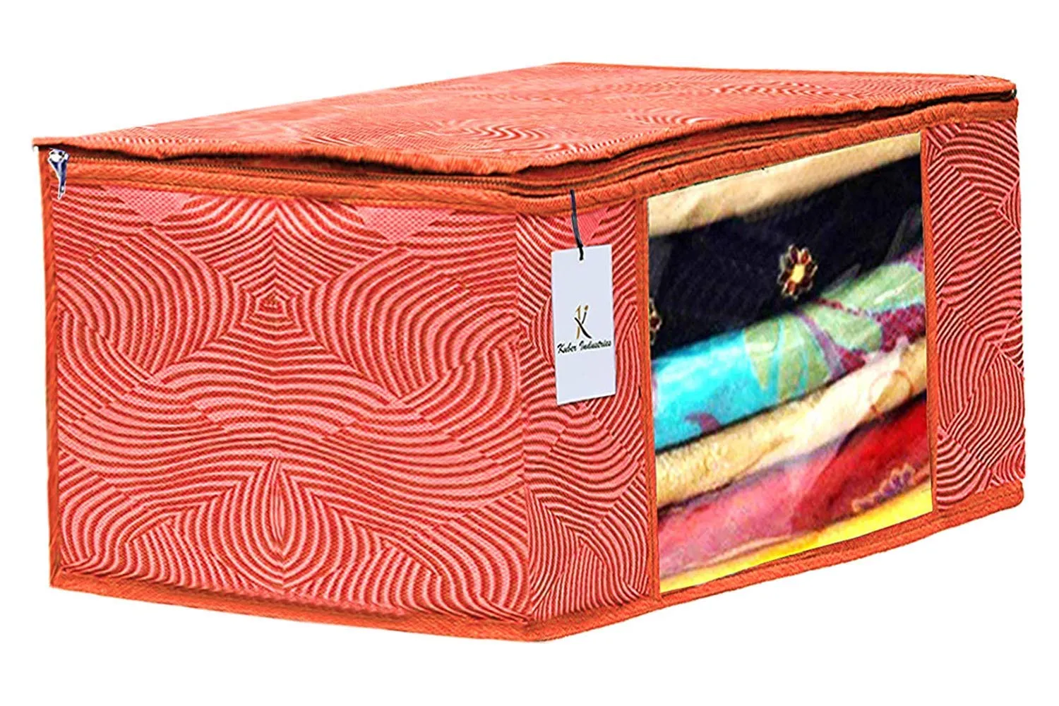 Kuber Industries Leheriya Printed 2 Piece Non Woven Saree Cover and 2 Pieces Underbed Storage Bag, Storage Organiser, Blanket Cover, Orange & Blue -CTKTC42398