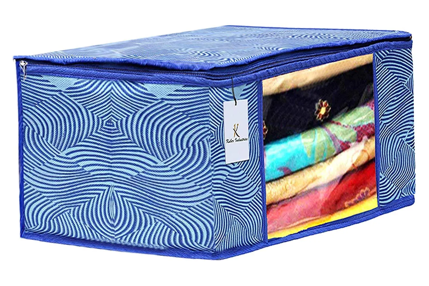 Kuber Industries Leheriya Printed 2 Piece Non Woven Saree Cover and 2 Pieces Underbed Storage Bag, Storage Organiser, Blanket Cover, Orange & Blue -CTKTC42398