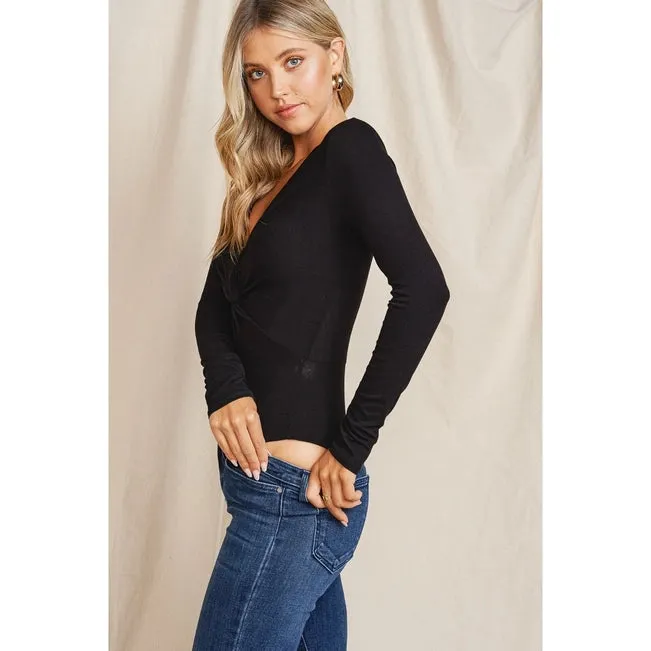 Maronie Twist Front Long Sleeve Bodysuit | Black