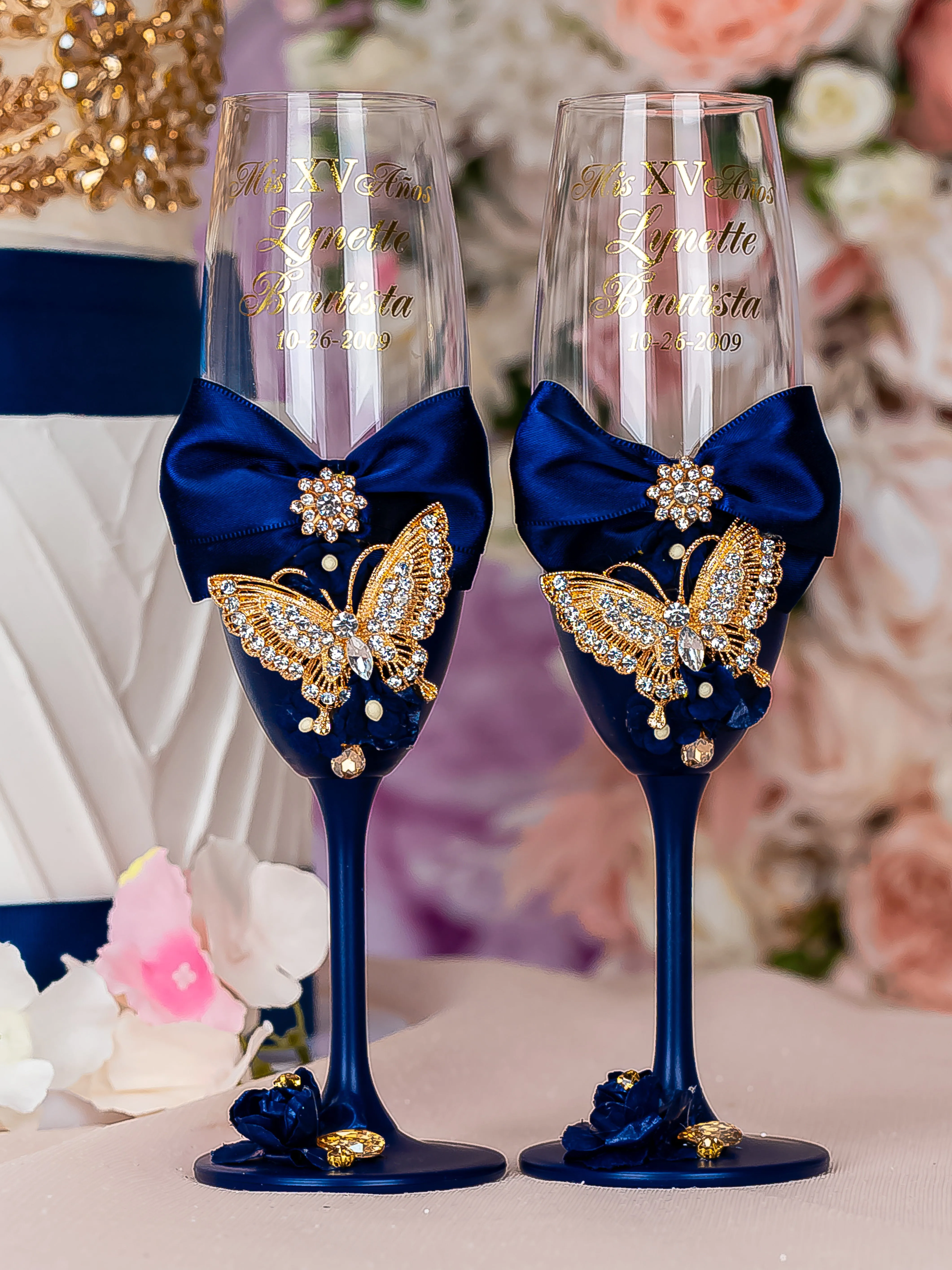 Navy blue with butterflies quinceanera bottle with 2 glasses