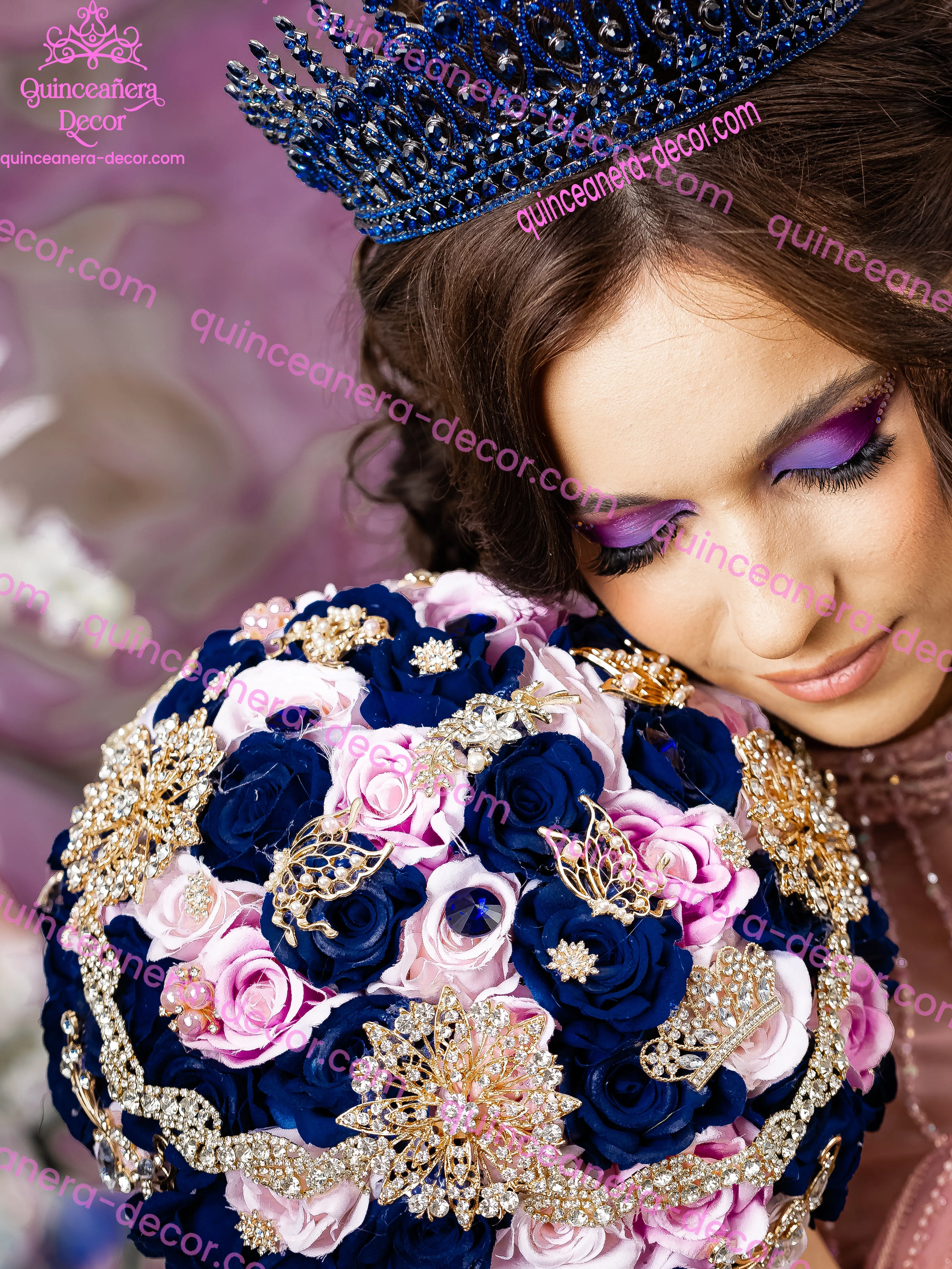 Navy Blue with pink quinceanera bouquet 13 inches