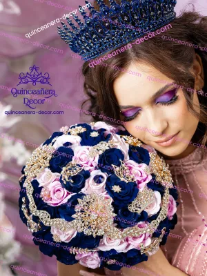 Navy Blue with pink quinceanera bouquet 13 inches