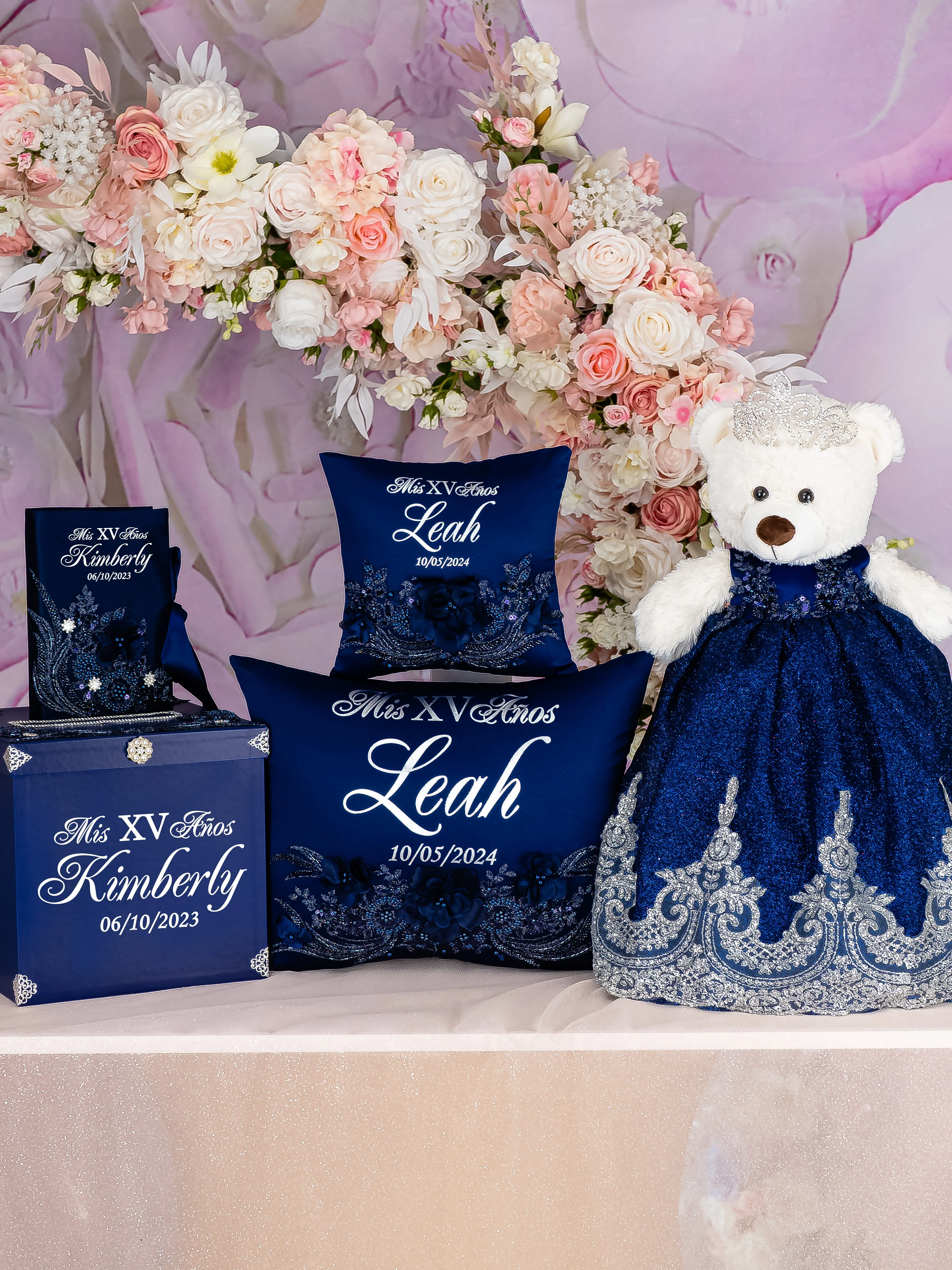 Navy Blue with silver Quinceanera pillows set and teddy bear